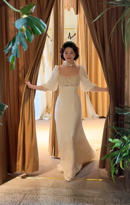 Elegant Sheath Square Neck Long Wedding Dresses, Lace Appliques White Bridal Gowns, Short Sleeves Bridal Dresses ED05299