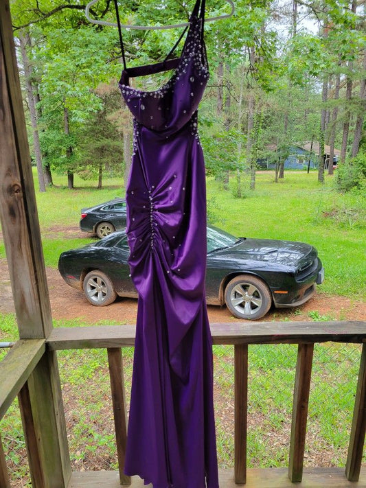 Sexy One-shoulder Sheath Long Prom Dressesï¼_atin Beaded Dark Purple Evening Dresses ED05328