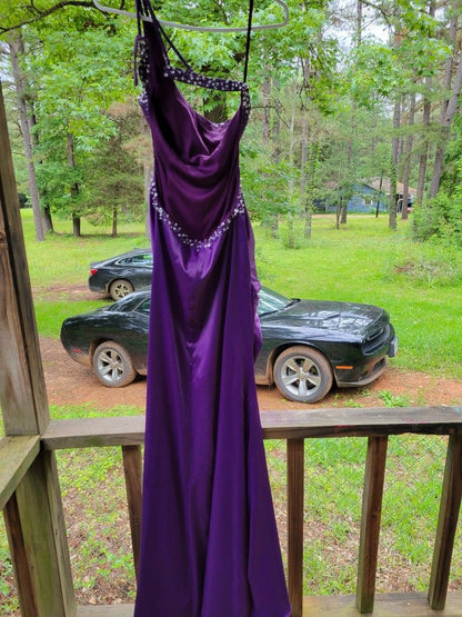 Sexy One-shoulder Sheath Long Prom Dressesï¼_atin Beaded Dark Purple Evening Dresses ED05328
