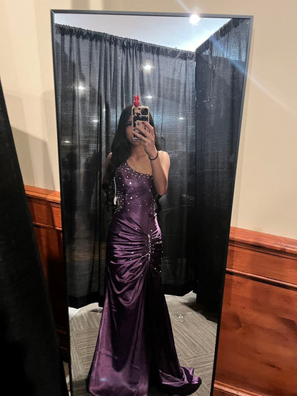 Sexy One-shoulder Sheath Long Prom Dressesï¼_atin Beaded Dark Purple Evening Dresses ED05328