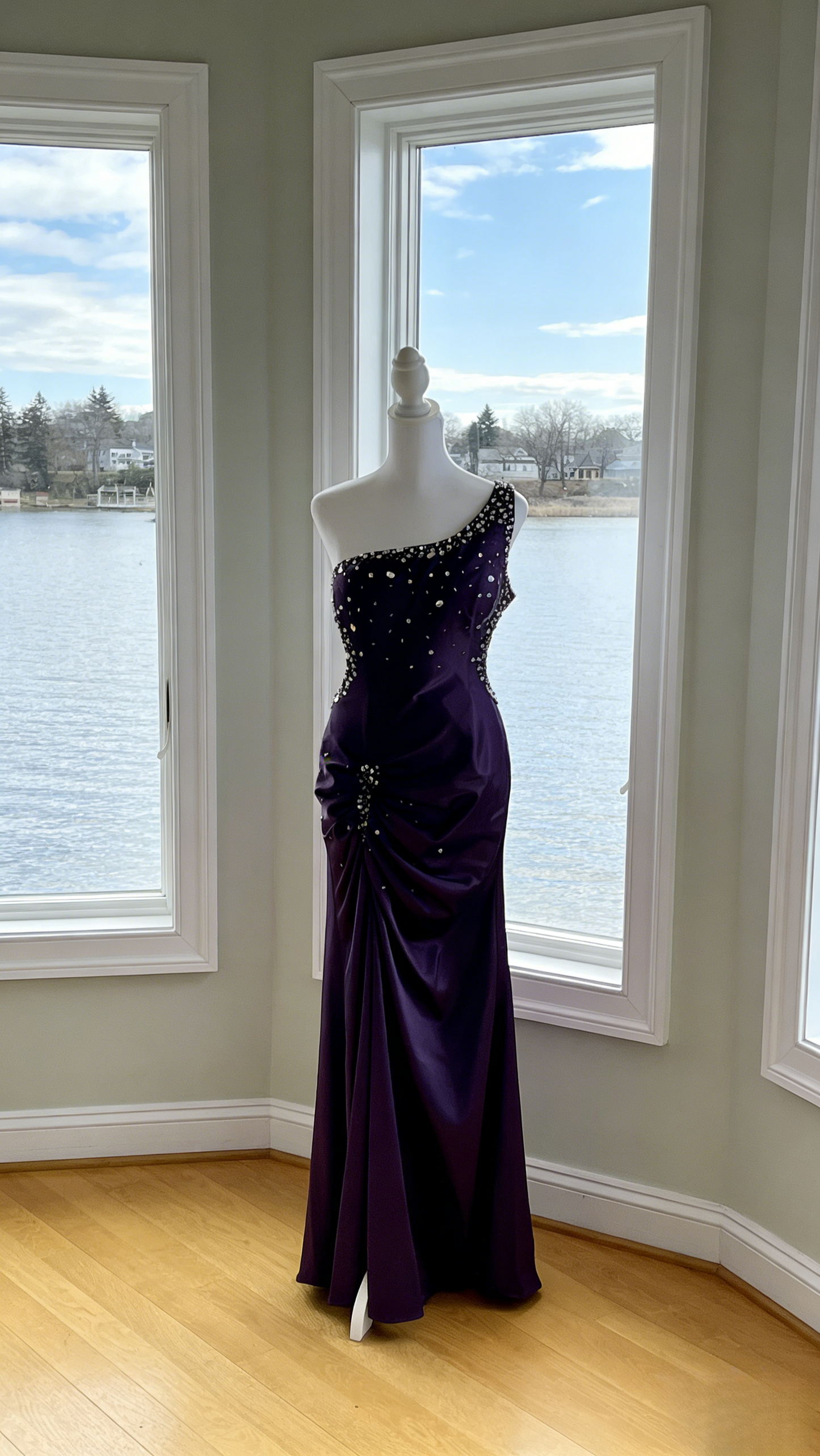 Sexy One-shoulder Sheath Long Prom Dressesï¼_atin Beaded Dark Purple Evening Dresses ED05328