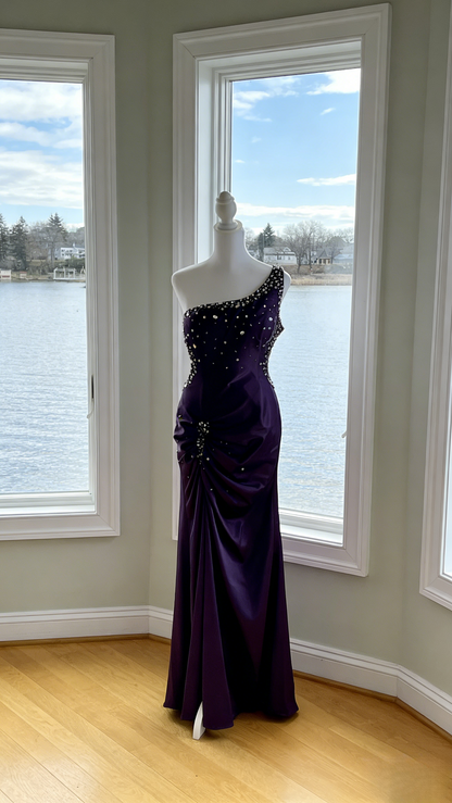 Sexy One-shoulder Sheath Long Prom Dressesï¼_atin Beaded Dark Purple Evening Dresses ED05328