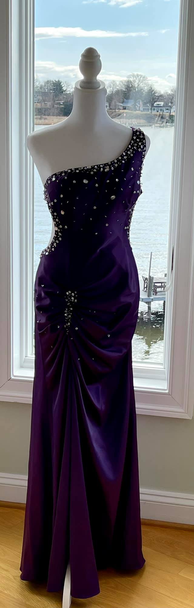 Sexy One-shoulder Sheath Long Prom Dressesï¼_atin Beaded Dark Purple Evening Dresses ED05328
