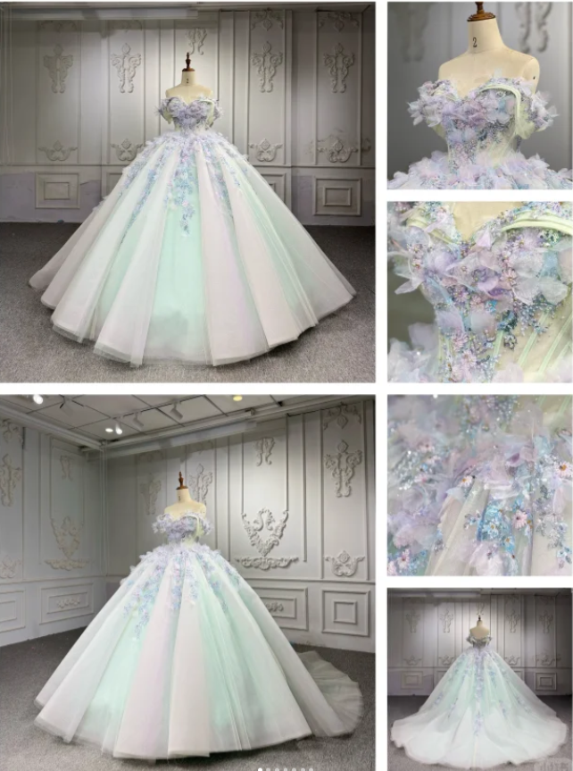 Fairy Off-shoulder Ball Gown Long Prom Dress Tulle Appliques  Quinceanera Dresses Sweet 16 Dress ED05346