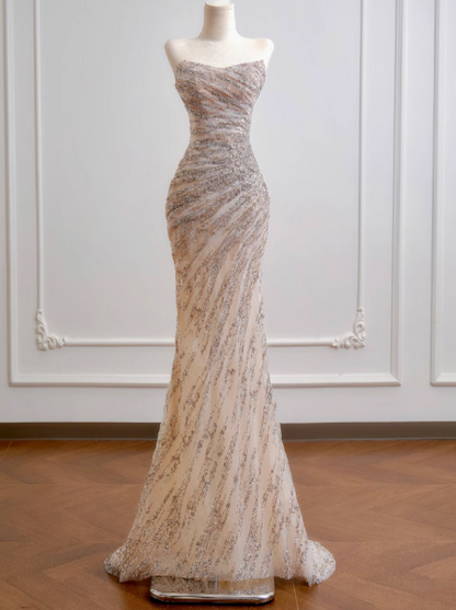 Gorgeous Sheath Long Wedding Dresses Tulle Beaded Champagne Bridal Gowns Sleeveless Strapless Bridal Dresses ED05356