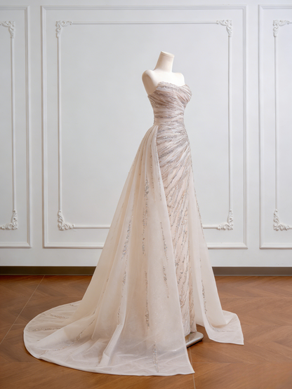 Gorgeous Sheath Long Wedding Dresses Tulle Beaded Champagne Bridal Gowns Sleeveless Strapless Bridal Dresses ED05356
