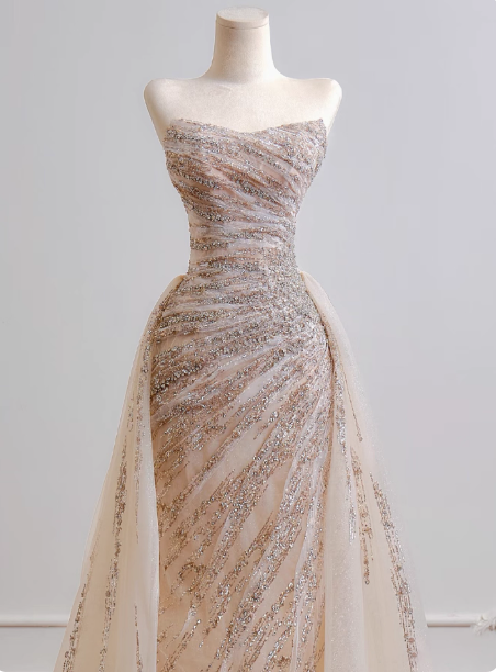 Gorgeous Sheath Long Wedding Dresses Tulle Beaded Champagne Bridal Gowns Sleeveless Strapless Bridal Dresses ED05356