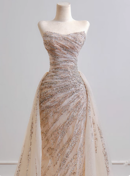 Gorgeous Sheath Long Wedding Dresses Tulle Beaded Champagne Bridal Gowns Sleeveless Strapless Bridal Dresses ED05356