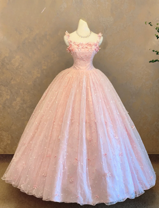 Cute Ball Gown Spaghetti Straps Long Prom Dresses Tulle Flowers Pink Sweet 16 Dresses, Sleeveless Pink Birthday Dresses  ED05359
