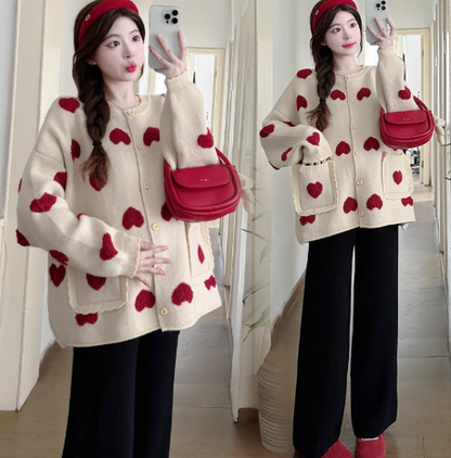 Cute Heart Jacquard Women's Knitted Long Sleeve Cardigan ED0536