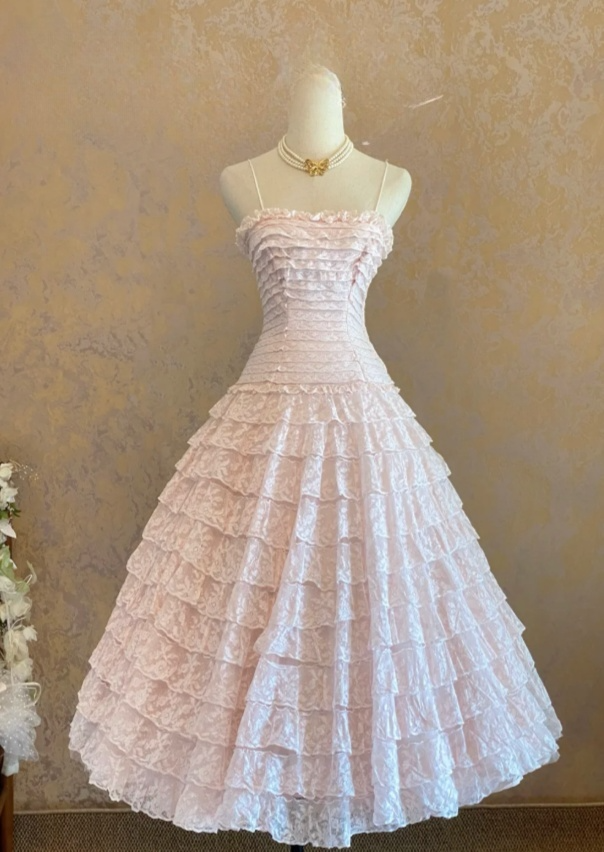 Cute Straps A-Line Long Prom Dresses Lace Pink Birthday Dresses ED05362