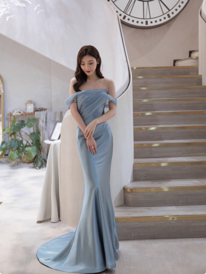 Elegant Off-shoulder Mermaid Long Prom Dresses Satin Birthday Dresses Blue Formal Dresses ED05374