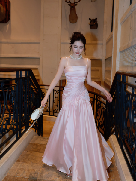 Cute Spaghetti Straps A-Line Long Prom Dresses Satin Pink Formal Dresses Sleeveless Pink Party Dresses ED05376