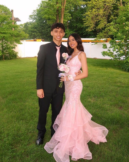 Elegant Mermaid Long Prom Dresses Spaghetti Straps Tulle Pink Wedding Guest Dresses Sleeveless Formal Dresses  ED05383