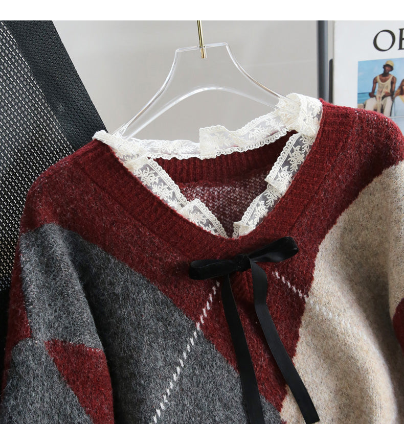 contrast lace patchwork long-sleeved sweater HZ1024