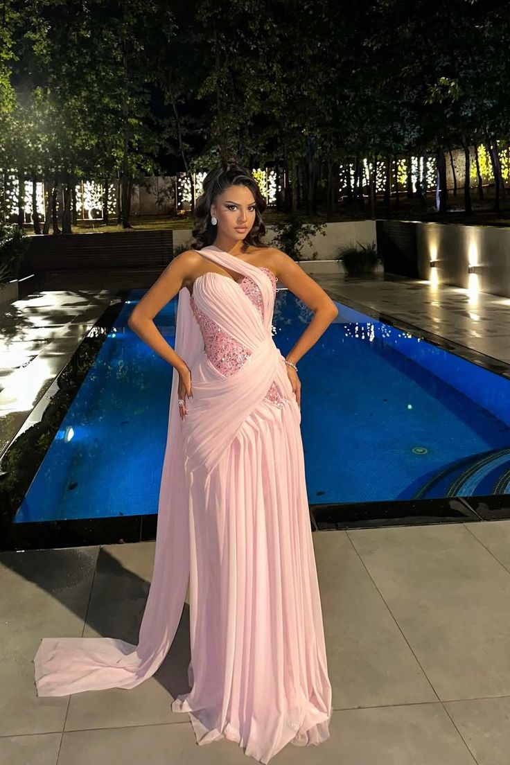 Chic Sheath Long Prom Dress Sweetheart  Chiffon Pink Evening Dresses ED05390