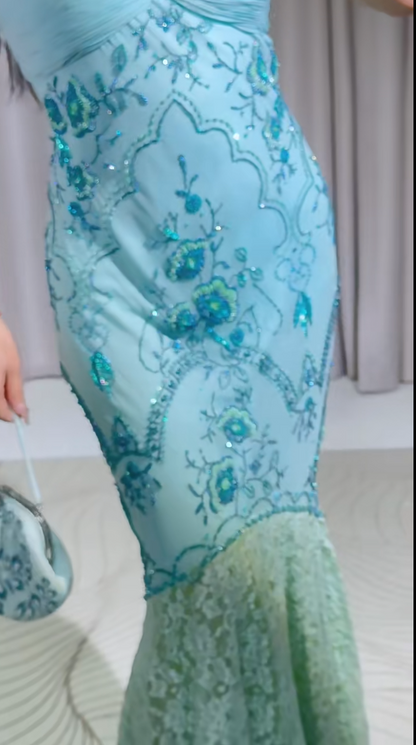 Vintage Mermaid Prom Dress Spaghetti Straps Beaded Lace Sleeveless Formal Dresses Blue Long Evening Dresses   ED05394