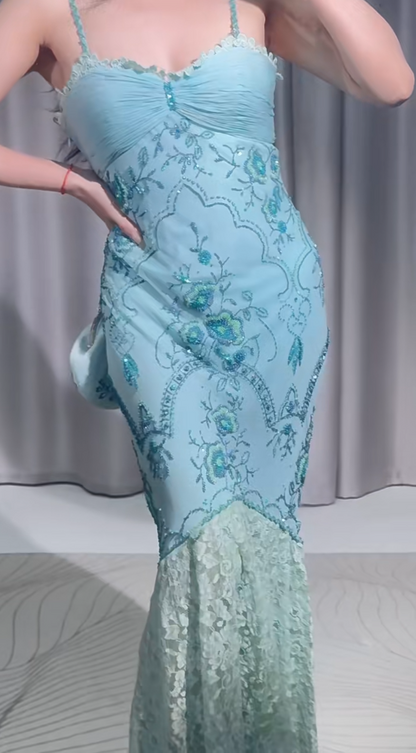 Vintage Mermaid Prom Dress Spaghetti Straps Beaded Lace Sleeveless Formal Dresses Blue Long Evening Dresses   ED05394
