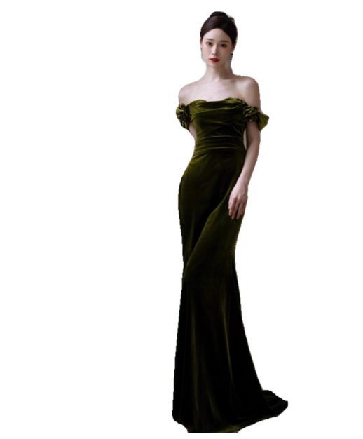 Elegant Sheath Prom Dress Off-shoulder Velvet Formal Dresses Green Long Evening Dresses  ED05395