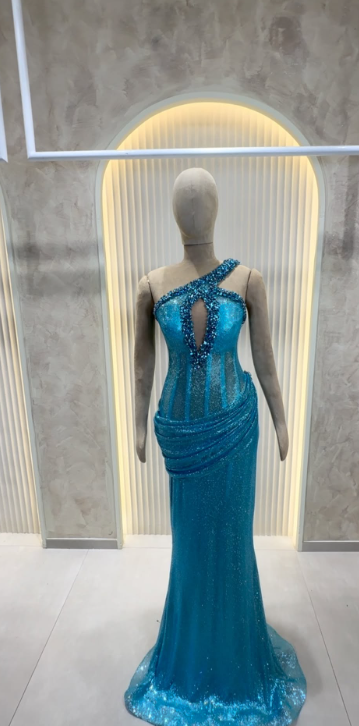 Chic Sheath Long Prom Dress One-shoulder Tulle Formal Dresses Blue Evening Dresses   ED05399