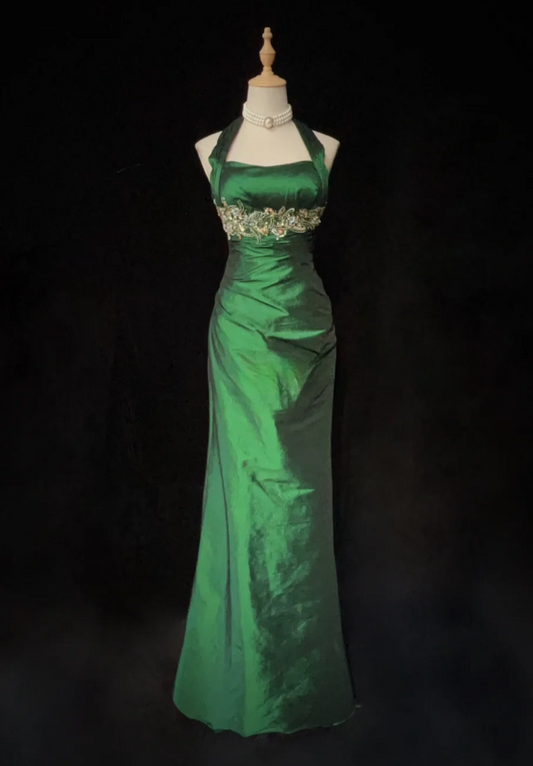 Gorgeous Sheath Green Long Prom Dress, Strapless Beaded Satin Evening Gown, Sleeveless Green Birthday Dresses ED05403