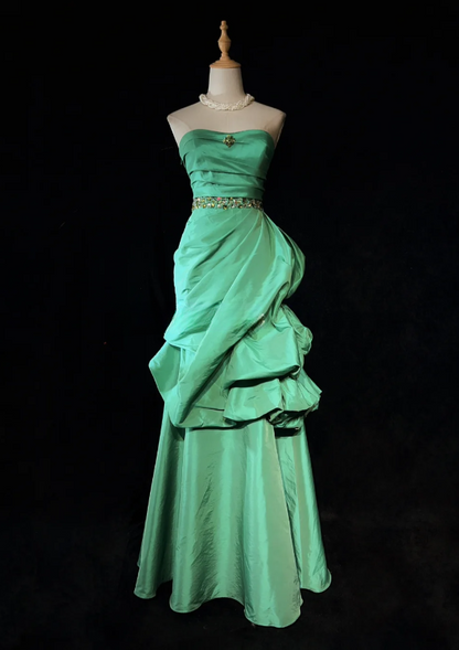 Elegant Sheath Green Long Prom Dress, Strapless Satin Birthday Dresses Green Evening Dresses ED05406