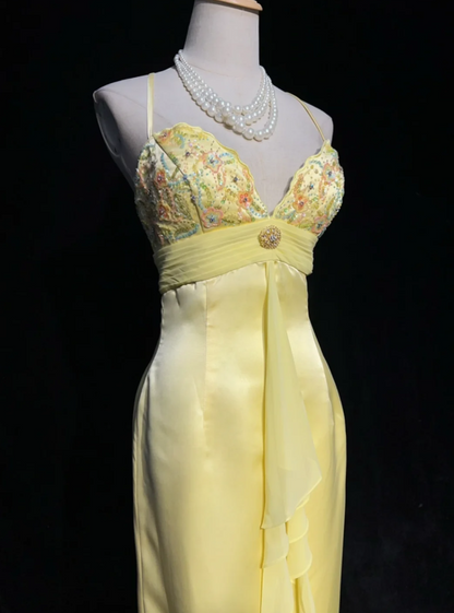 Fairy Sheath Yellow Long Prom Dress, Spaghetti Straps Satin Beaded Birtdhay Dresses Yellow Evening Dresses  ED05409