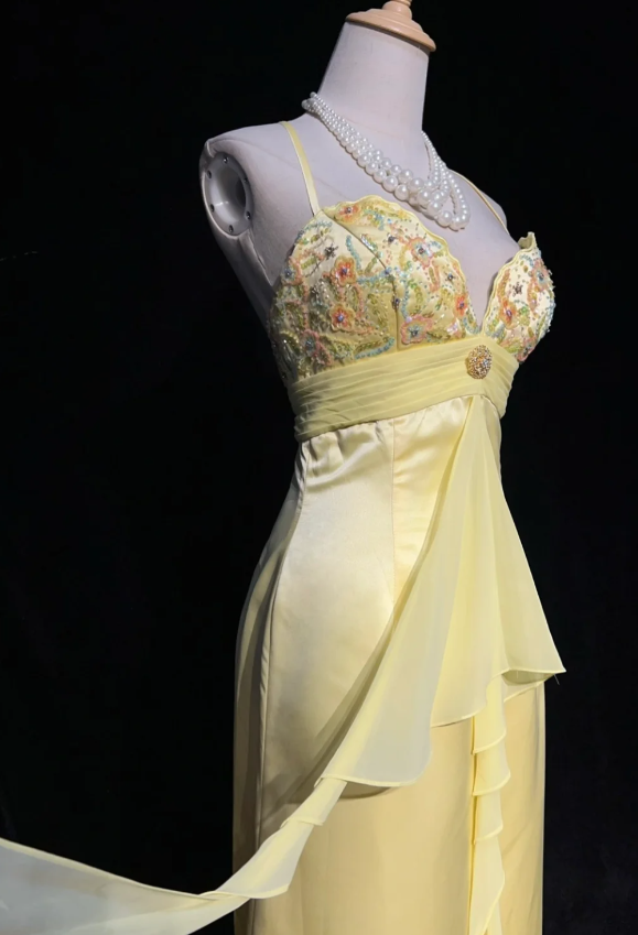 Fairy Sheath Yellow Long Prom Dress, Spaghetti Straps Satin Beaded Birtdhay Dresses Yellow Evening Dresses  ED05409