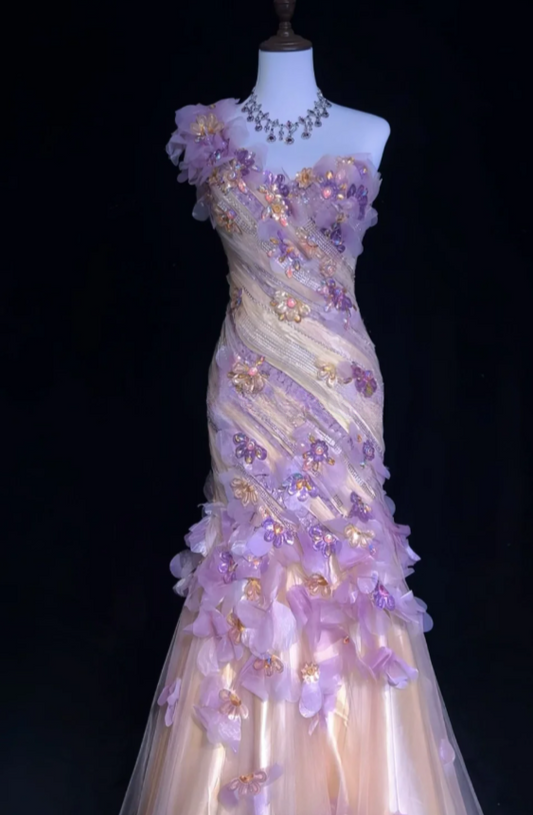 Fairy Applique Long Birthday Dresses Sheath Prom Dress, One Shoulder Tulle Sleeveless Evening Dresses  ED05412