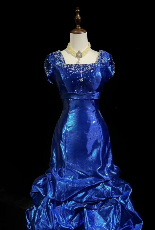 Fairy Blue Long Birthday Dresses Sheath Prom Dress, Square Neck Satin Sleeves Evening Dresses  ED05414