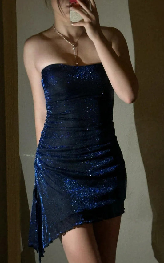 Glitter Sheath Navy Blue Evening Dresses Strapless Satin Short Prom Dresses Sleeveless Navy Blue Party Dresses ED05424