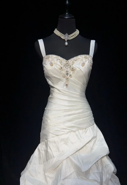 Vintage Sheath Long Wedding Dresses Spaghetti Straps Satin  White Bridal Gowns Sleeveless Bridal Dresses ED05433