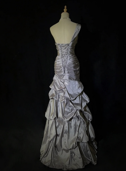 Gorgeous Sheath Gray Long Prom Dresses One-shoulder Satin Evening Dresses Sleeveless Gray Party Dresses ED05439