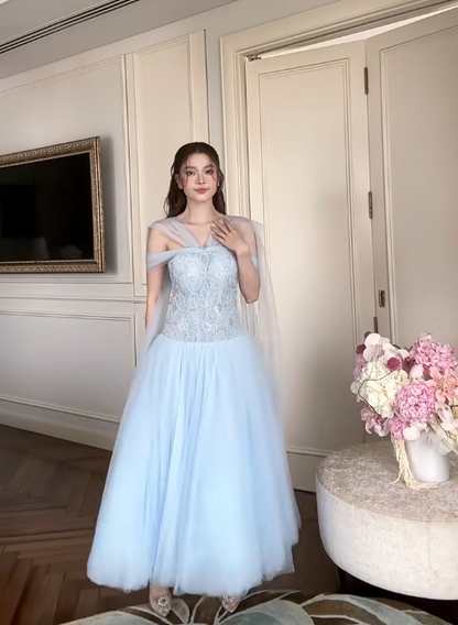 Fairy A-Line Blue Long Prom Dresses Off-shoulder Tulle Evening Dresses Sleeveless  Blue Birthday Dresses ED05445