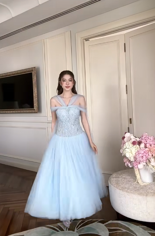 Fairy A-Line Blue Long Prom Dresses Off-shoulder Tulle Evening Dresses Sleeveless  Blue Birthday Dresses ED05445