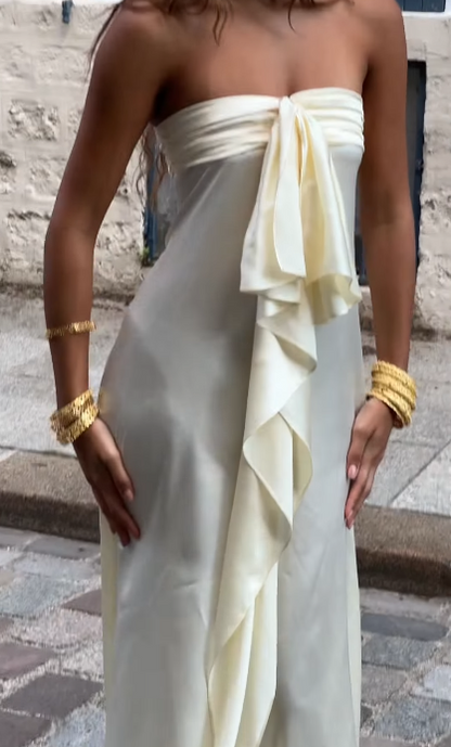 Simple Strapless Sheath Long Prom Dresses Chiffon Yellow Party dresses Evening Dresses ED05450
