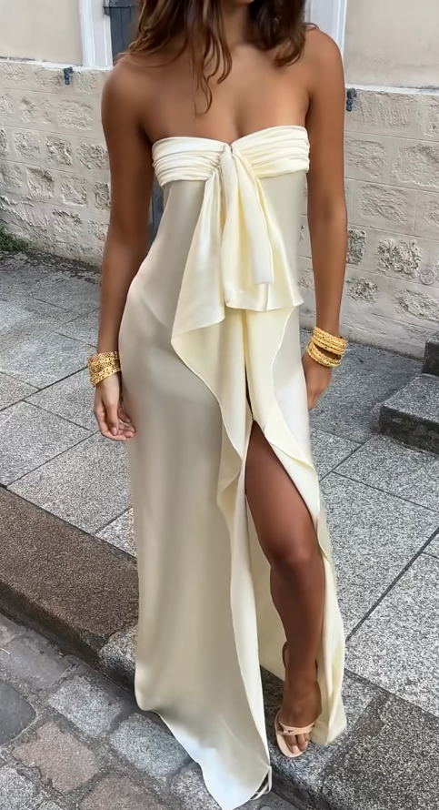 Simple Strapless Sheath Long Prom Dresses Chiffon Yellow Party dresses Evening Dresses ED05450