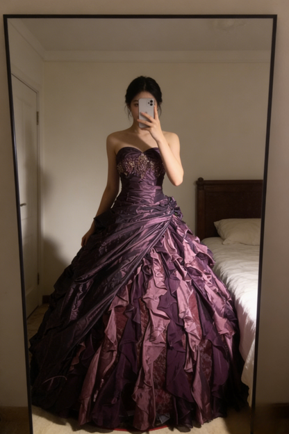 Cute Sweetheart A-Line Long Prom Dresses Satin Grape Quinceanera Dresses Sleeveless Sweet 16 Dress ED05451