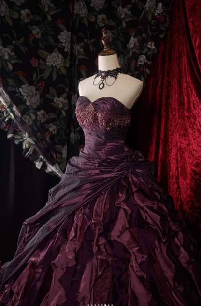 Cute Sweetheart A-Line Long Prom Dresses Satin Grape Quinceanera Dresses Sleeveless Sweet 16 Dress ED05451