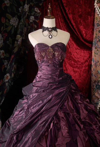 Cute Sweetheart A-Line Long Prom Dresses Satin Grape Quinceanera Dresses Sleeveless Sweet 16 Dress ED05451