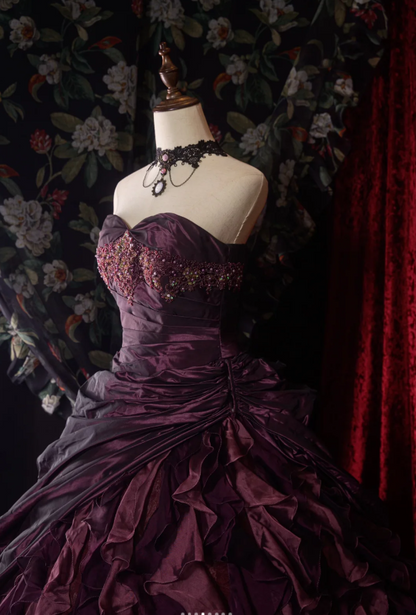 Cute Sweetheart A-Line Long Prom Dresses Satin Grape Quinceanera Dresses Sleeveless Sweet 16 Dress ED05451