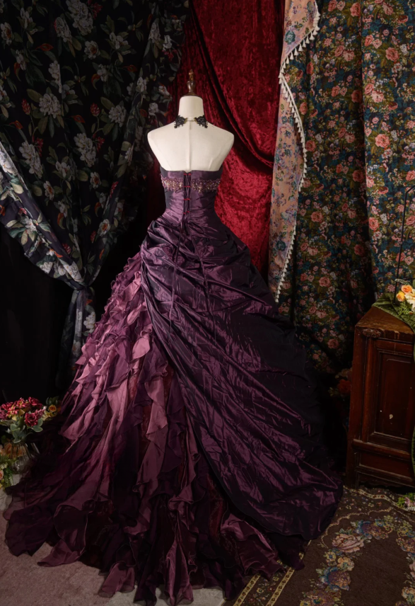 Cute Sweetheart A-Line Long Prom Dresses Satin Grape Quinceanera Dresses Sleeveless Sweet 16 Dress ED05451