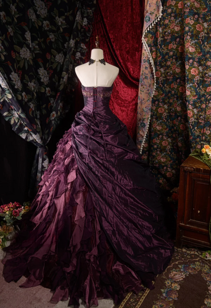 Cute Sweetheart A-Line Long Prom Dresses Satin Grape Quinceanera Dresses Sleeveless Sweet 16 Dress ED05451