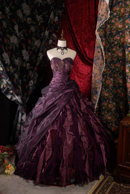Cute Sweetheart A-Line Long Prom Dresses Satin Grape Quinceanera Dresses Sleeveless Sweet 16 Dress ED05451