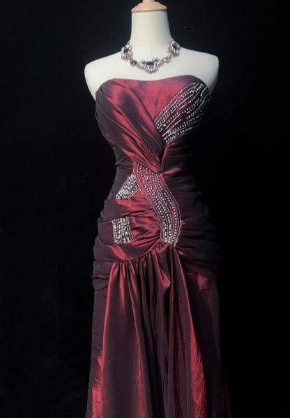 Chic Strapless Sheath Long Prom Dresses Satin Burgundy Evening Dresses  ED05455