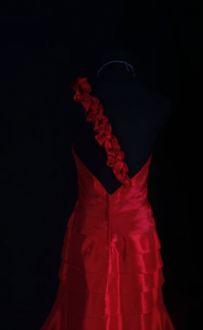 Vintage Red Prom Dresses Satin One-shoulder Birthday Dresses Beaded Sleeveless Sheath Evening Dresses ED05457