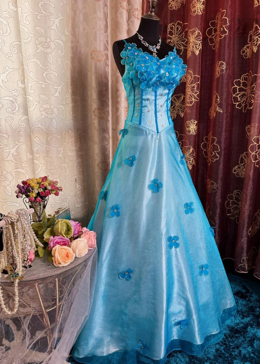 Chic A-Line Long Prom Dresses V-Neck Tulle Blue Birthday Dresses Appliques Sleeveless Evening Dresses ED05456
