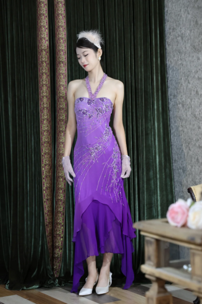 Vintage Sheath Halter Purple Long Prom Dresses Chiffon Sleeveless Purple Birthday Dresses Beaded  Evening Dresses ED05459
