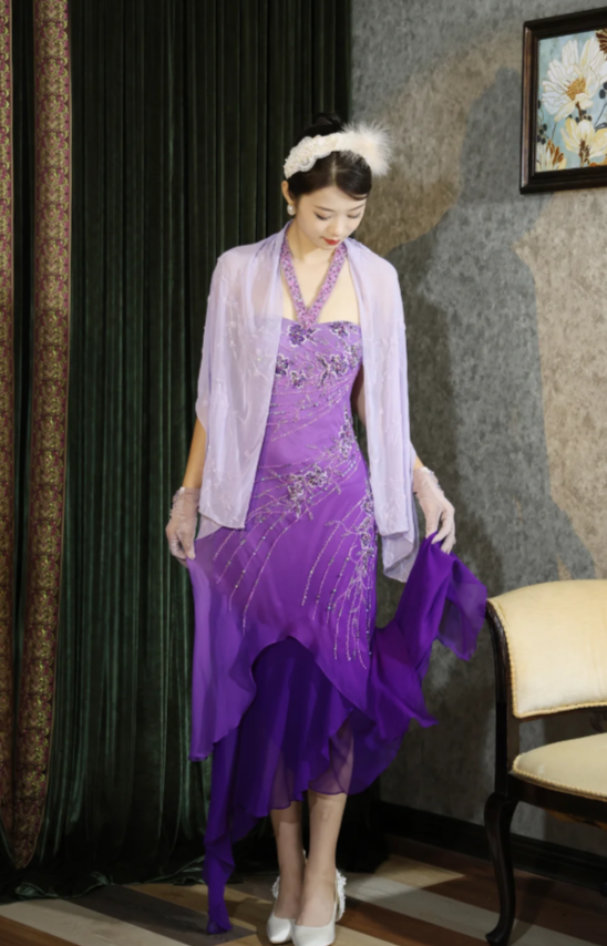 Vintage Sheath Halter Purple Long Prom Dresses Chiffon Sleeveless Purple Birthday Dresses Beaded  Evening Dresses ED05459