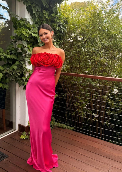 Chic Sheath Hot Pink Long Prom Dresses Tulle Off-shoulder Birthday Dresses  Satin Sleeveless Evening Dresses ED05460